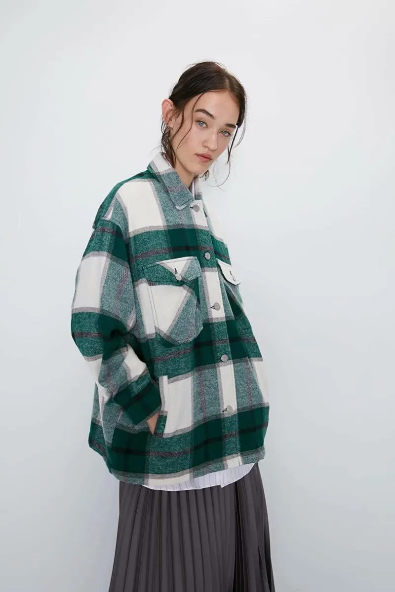 PEHMEA Women's Casual Wool Blend Plaid Lapel Button Down Long Sleeve Shacket Jackets Coats