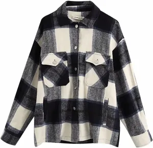 PEHMEA Women's Casual Wool Blend Plaid Lapel Button Down Long Sleeve Shacket Jackets Coats