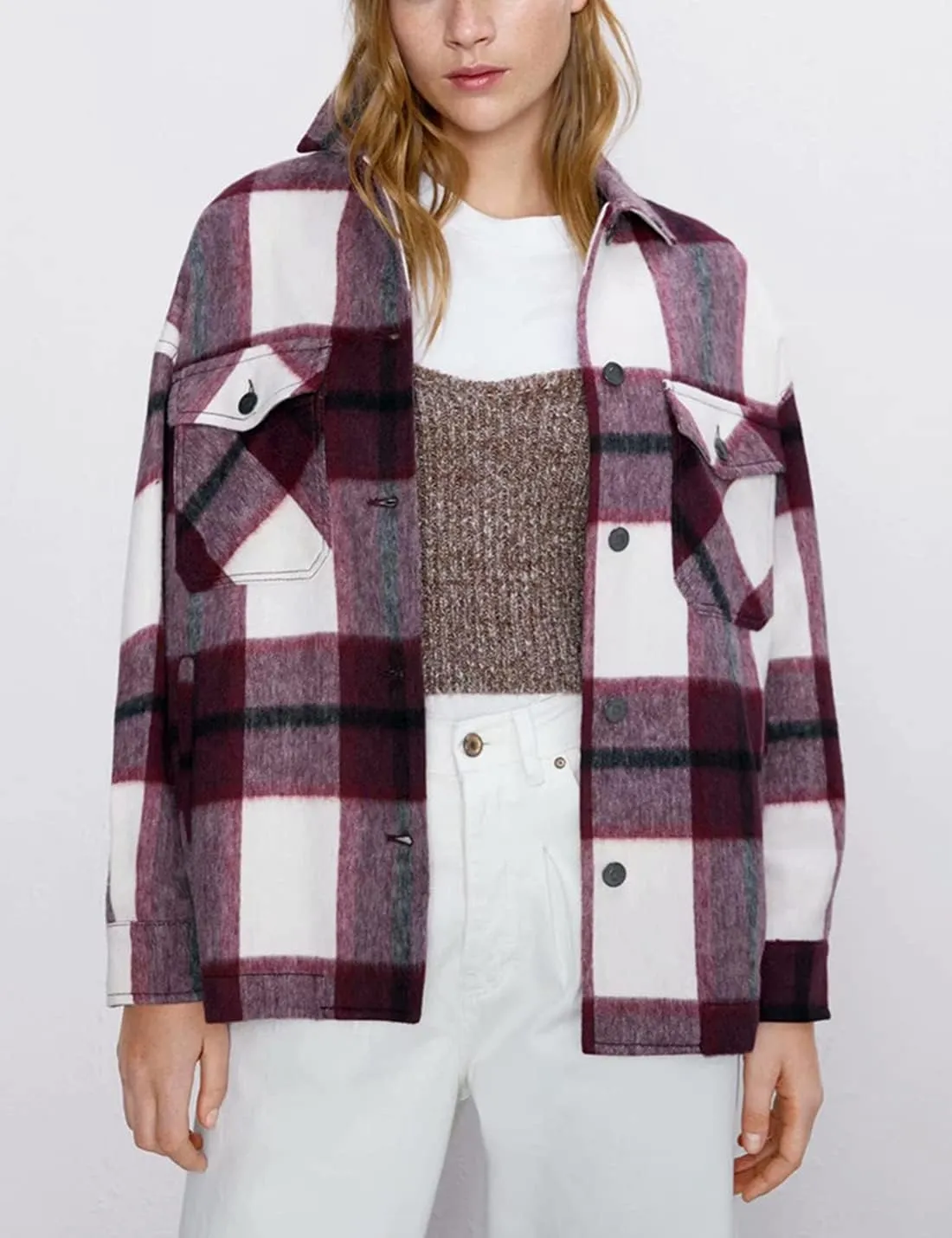PEHMEA Women's Casual Wool Blend Plaid Lapel Button Down Long Sleeve Shacket Jackets Coats