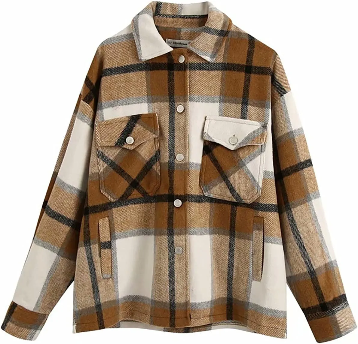 PEHMEA Women's Casual Wool Blend Plaid Lapel Button Down Long Sleeve Shacket Jackets Coats