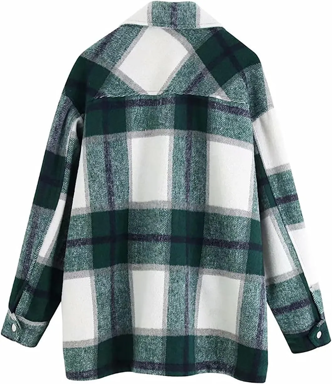 PEHMEA Women's Casual Wool Blend Plaid Lapel Button Down Long Sleeve Shacket Jackets Coats