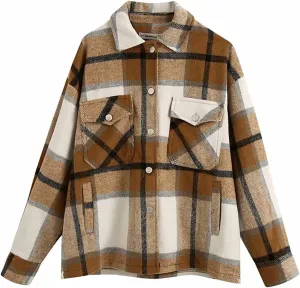 PEHMEA Women's Casual Wool Blend Plaid Lapel Button Down Long Sleeve Shacket Jackets Coats