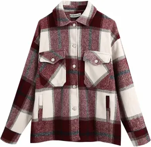 PEHMEA Women's Casual Wool Blend Plaid Lapel Button Down Long Sleeve Shacket Jackets Coats