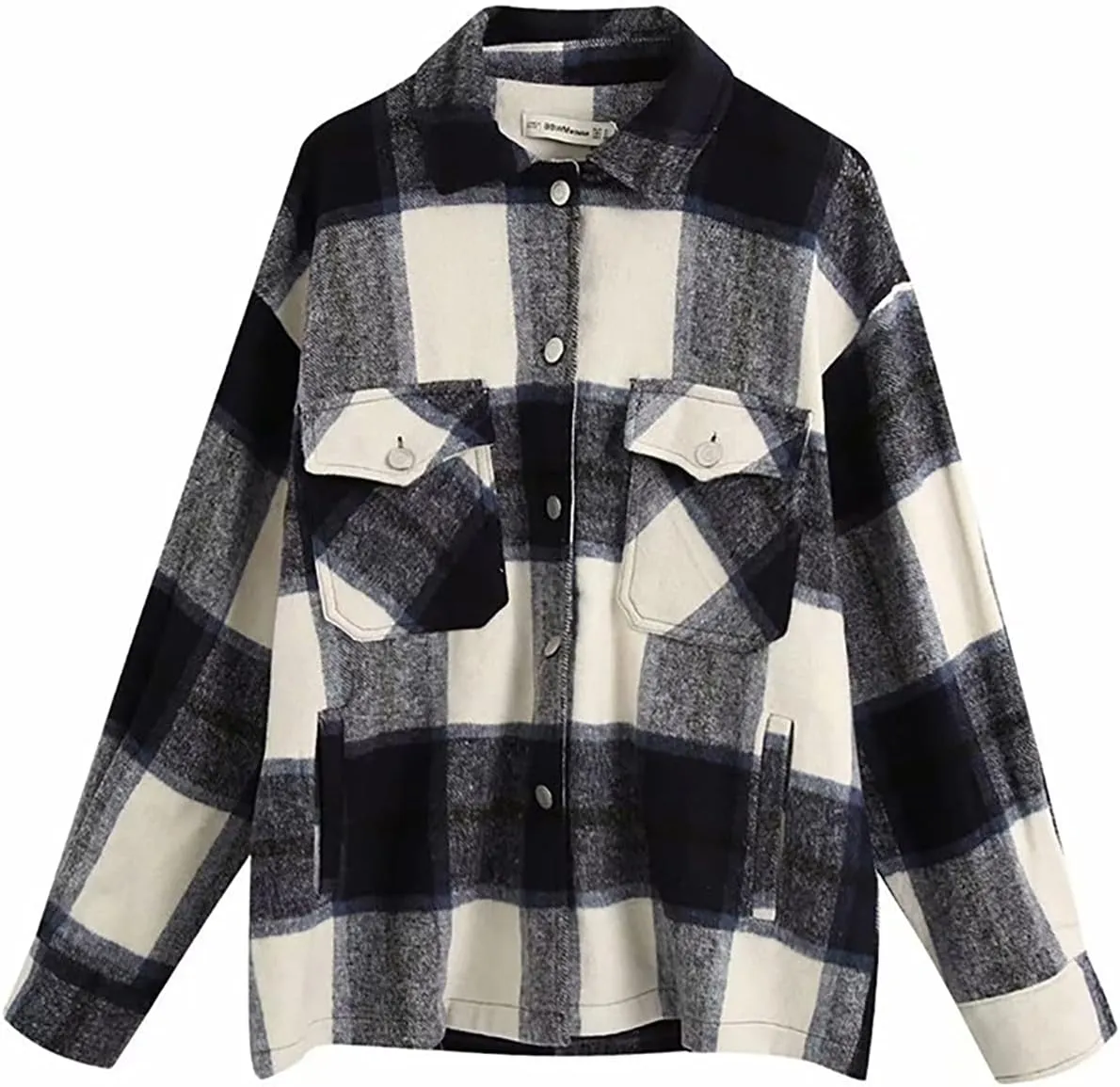 PEHMEA Women's Casual Wool Blend Plaid Lapel Button Down Long Sleeve Shacket Jackets Coats