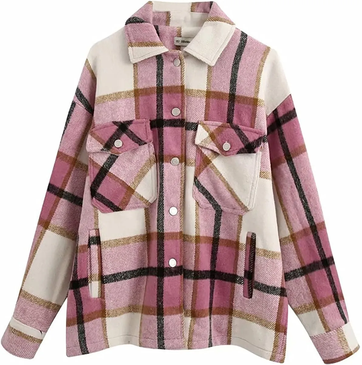PEHMEA Women's Casual Wool Blend Plaid Lapel Button Down Long Sleeve Shacket Jackets Coats