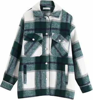 PEHMEA Women's Casual Wool Blend Plaid Lapel Button Down Long Sleeve Shacket Jackets Coats