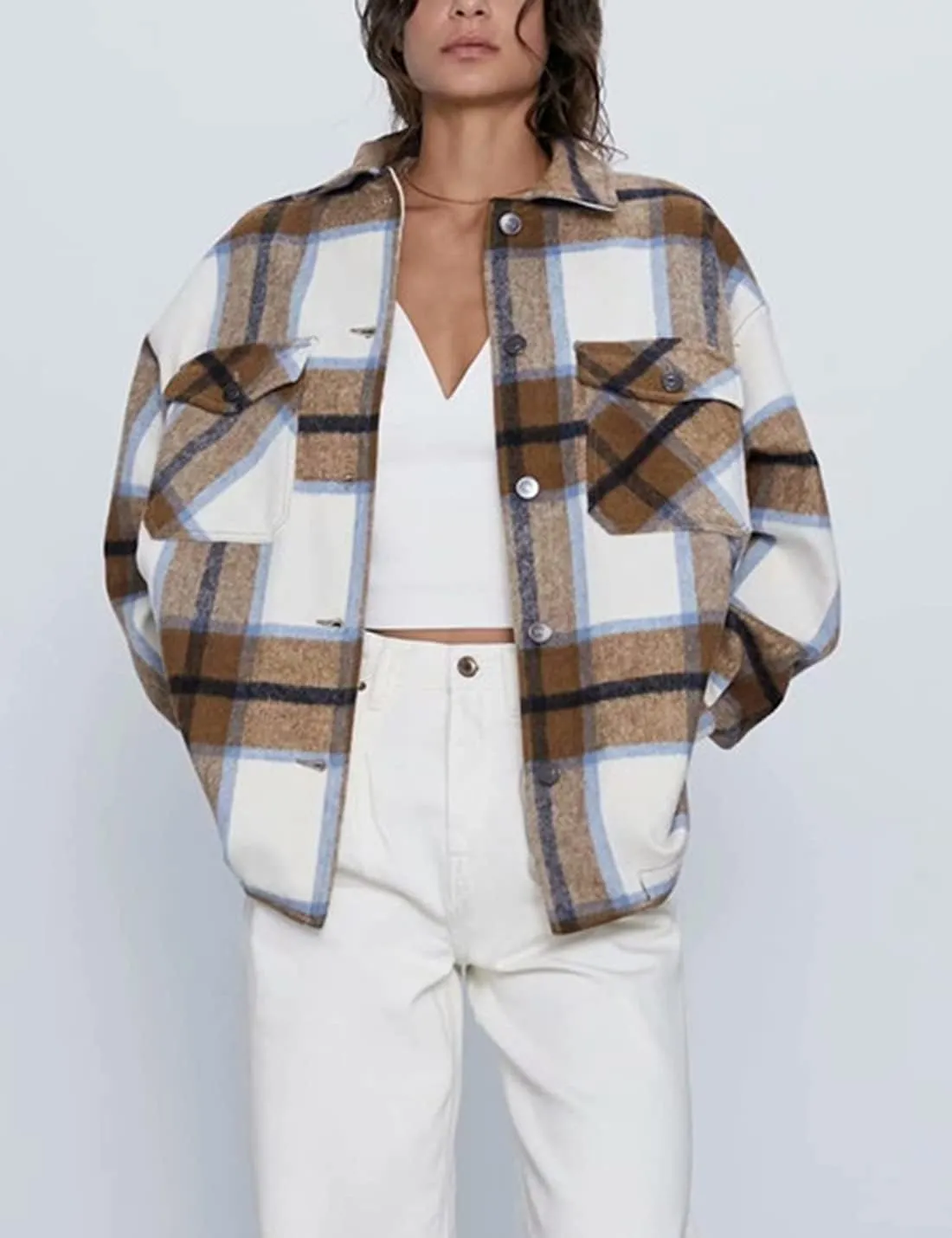 PEHMEA Women's Casual Wool Blend Plaid Lapel Button Down Long Sleeve Shacket Jackets Coats