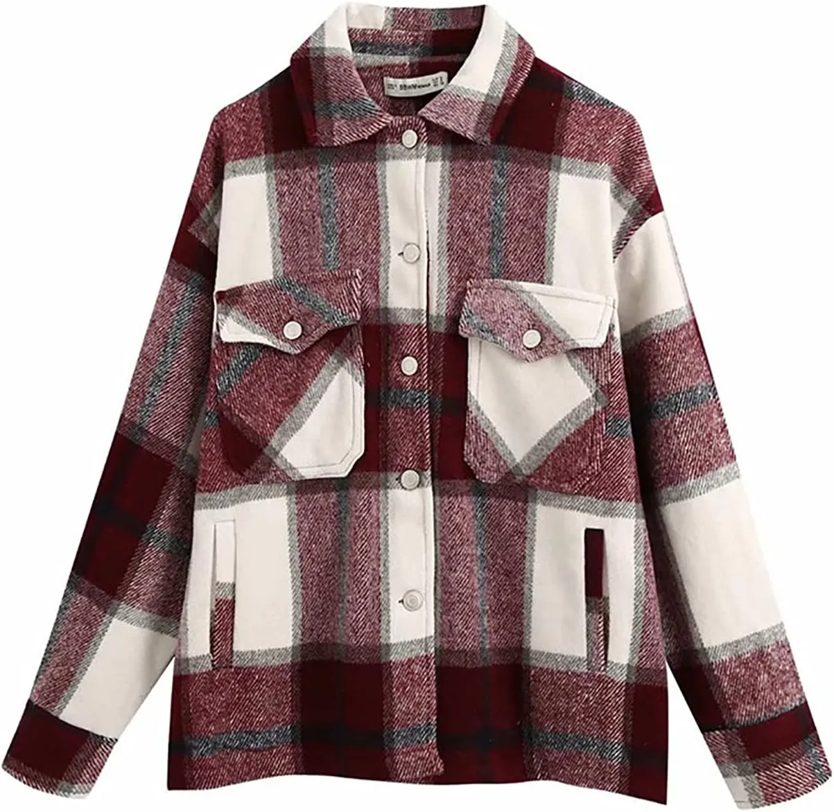 PEHMEA Women's Casual Wool Blend Plaid Lapel Button Down Long Sleeve Shacket Jackets Coats