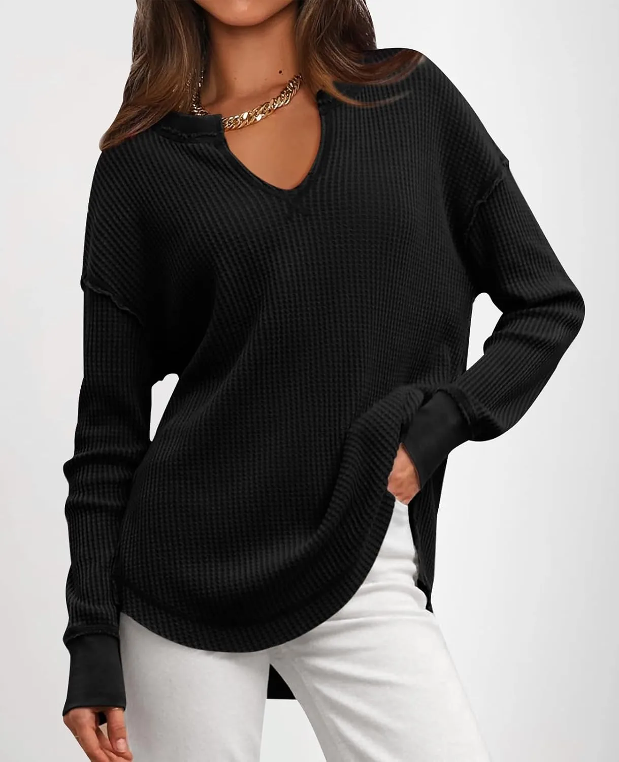 PRETTYGARDEN Womens Waffle Knit Long Sleeve Shirts Drop Shoulder V Neck Casual Pullover Exposed Seam Oversized Spring Tops