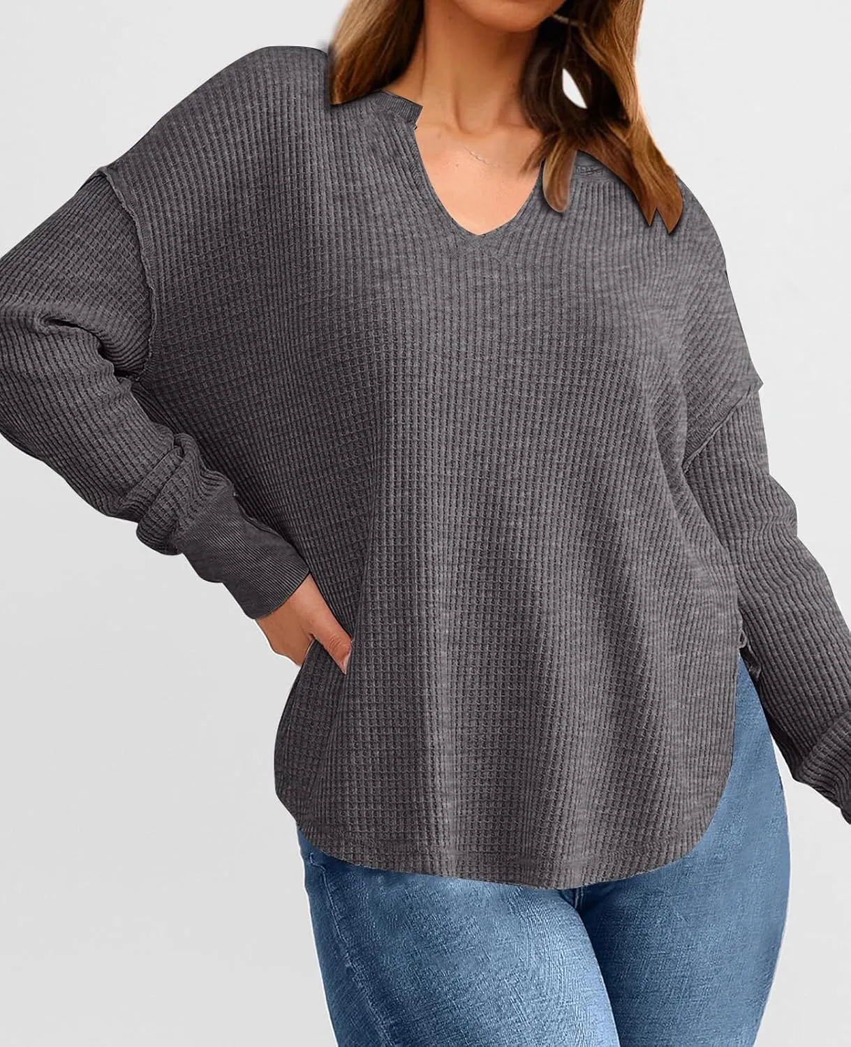 PRETTYGARDEN Womens Waffle Knit Long Sleeve Shirts Drop Shoulder V Neck Casual Pullover Exposed Seam Oversized Spring Tops