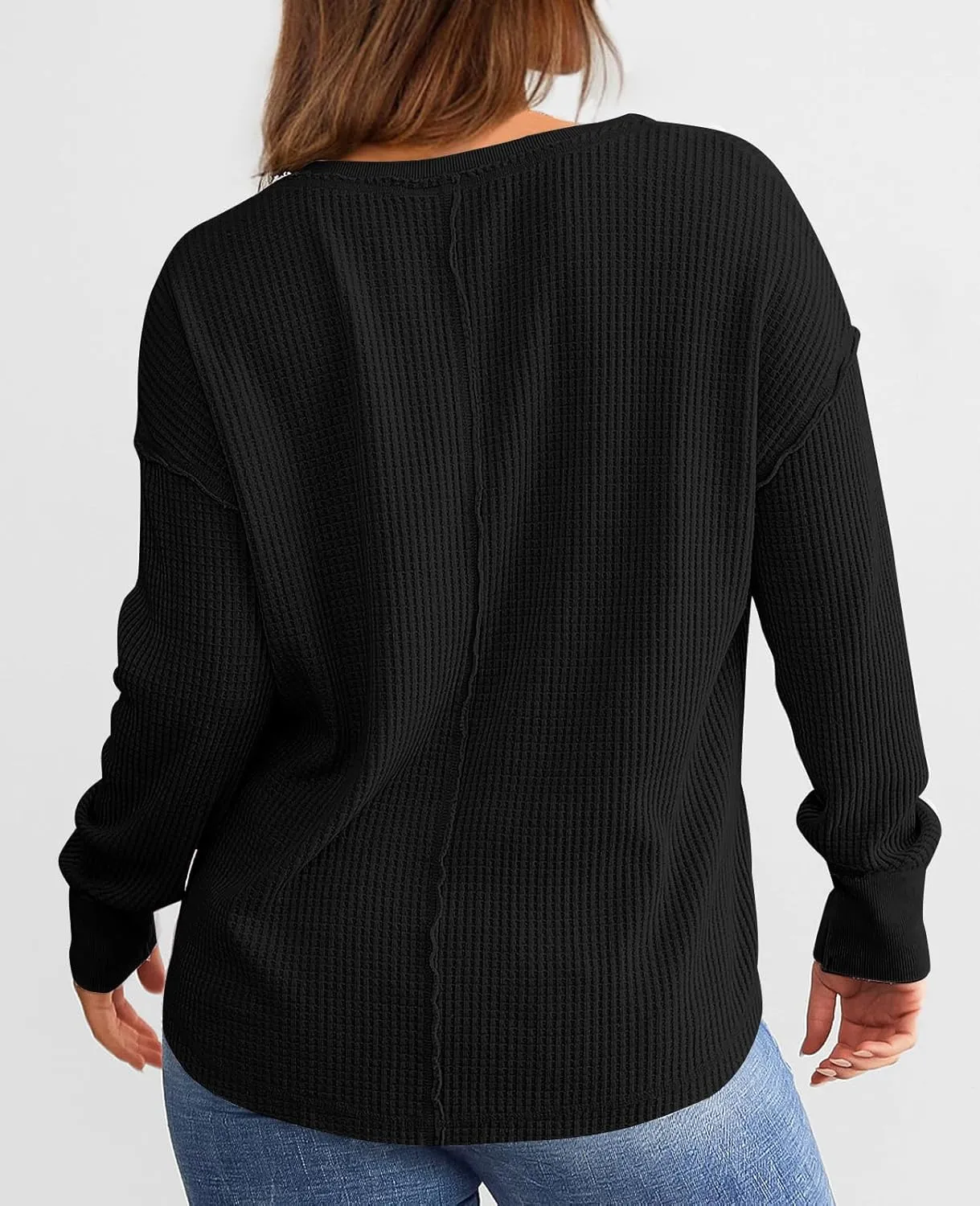 PRETTYGARDEN Womens Waffle Knit Long Sleeve Shirts Drop Shoulder V Neck Casual Pullover Exposed Seam Oversized Spring Tops