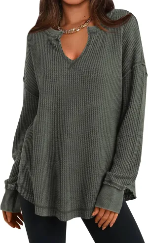 PRETTYGARDEN Womens Waffle Knit Long Sleeve Shirts Drop Shoulder V Neck Casual Pullover Exposed Seam Oversized Spring Tops