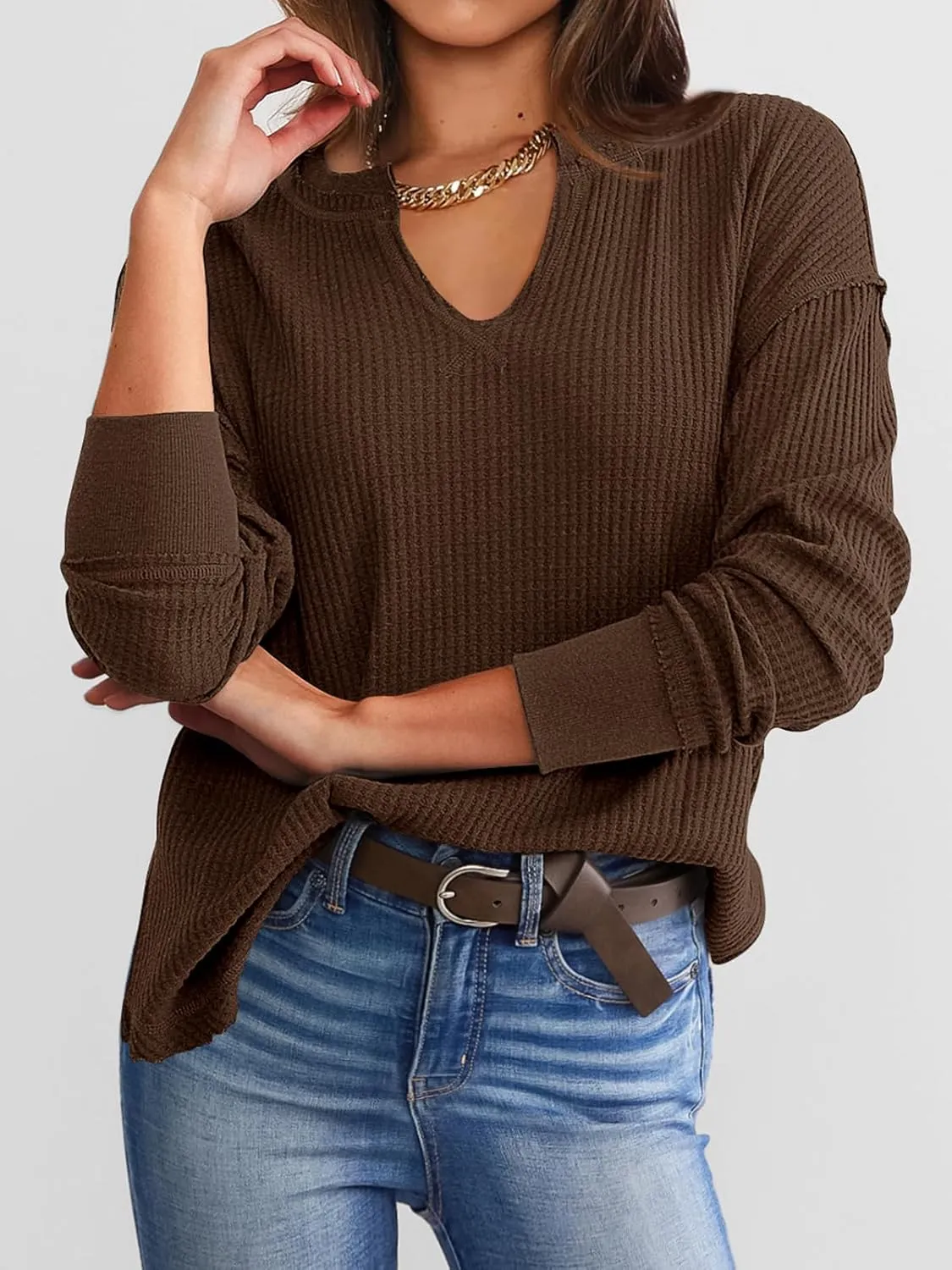 PRETTYGARDEN Womens Waffle Knit Long Sleeve Shirts Drop Shoulder V Neck Casual Pullover Exposed Seam Oversized Spring Tops