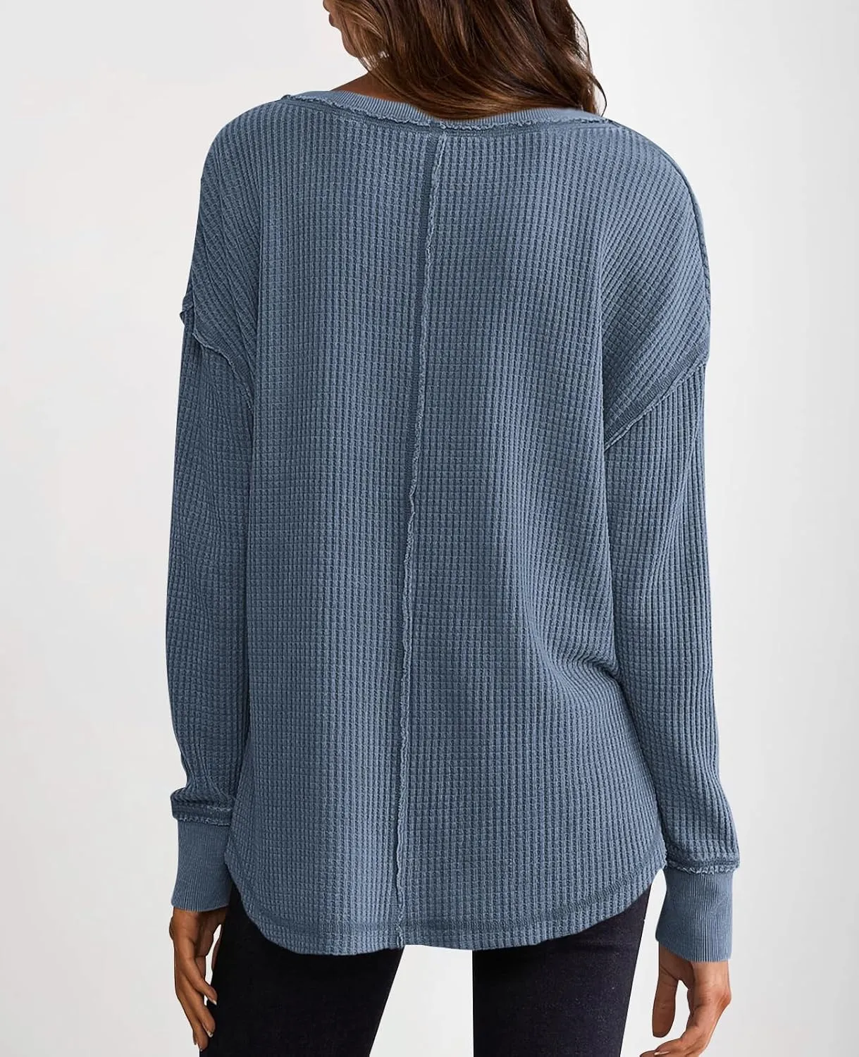 PRETTYGARDEN Womens Waffle Knit Long Sleeve Shirts Drop Shoulder V Neck Casual Pullover Exposed Seam Oversized Spring Tops