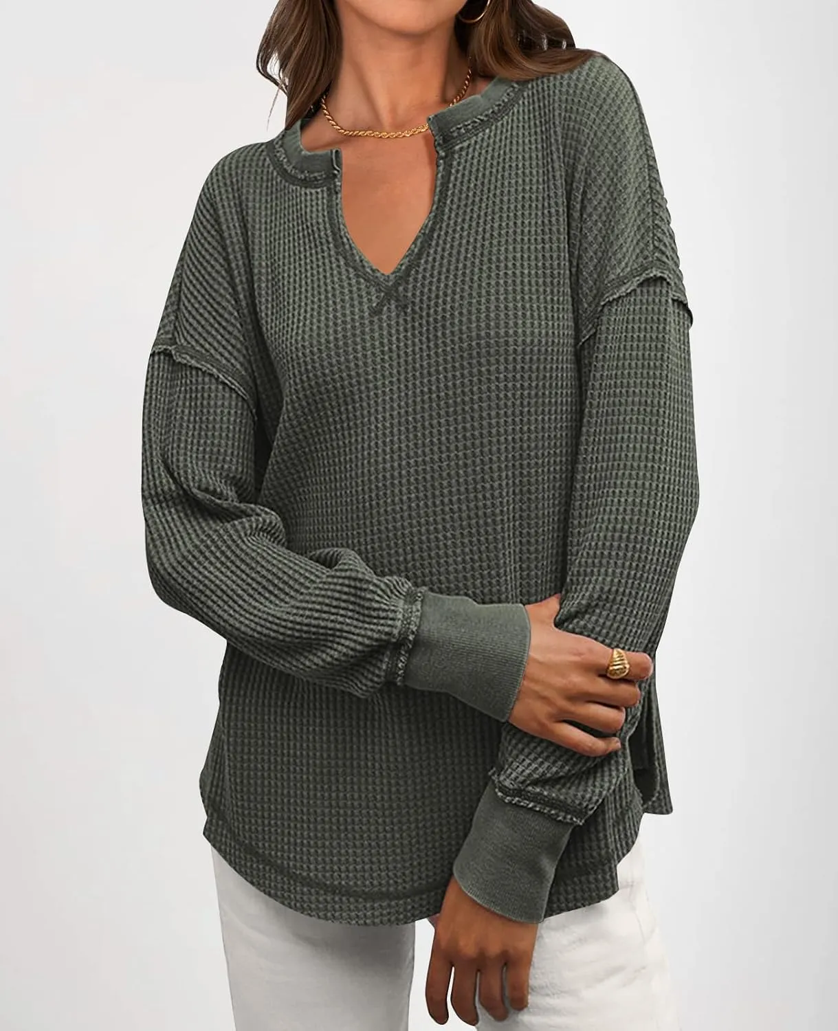 PRETTYGARDEN Womens Waffle Knit Long Sleeve Shirts Drop Shoulder V Neck Casual Pullover Exposed Seam Oversized Spring Tops