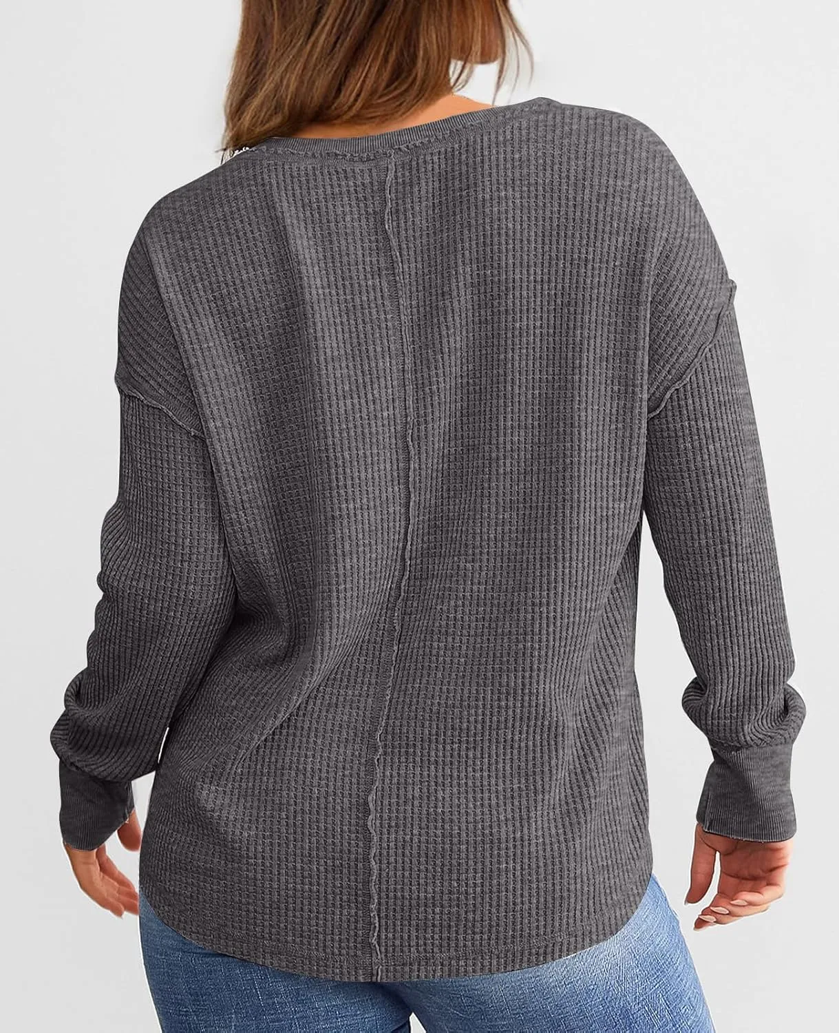 PRETTYGARDEN Womens Waffle Knit Long Sleeve Shirts Drop Shoulder V Neck Casual Pullover Exposed Seam Oversized Spring Tops