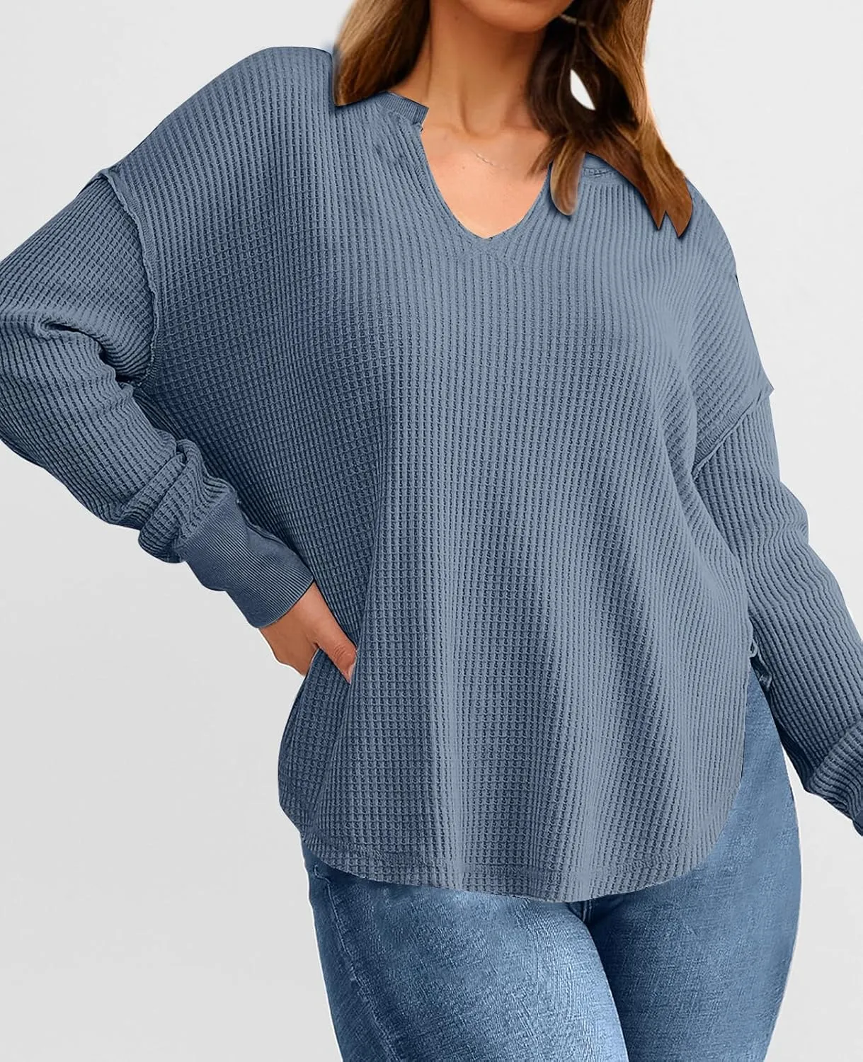 PRETTYGARDEN Womens Waffle Knit Long Sleeve Shirts Drop Shoulder V Neck Casual Pullover Exposed Seam Oversized Spring Tops