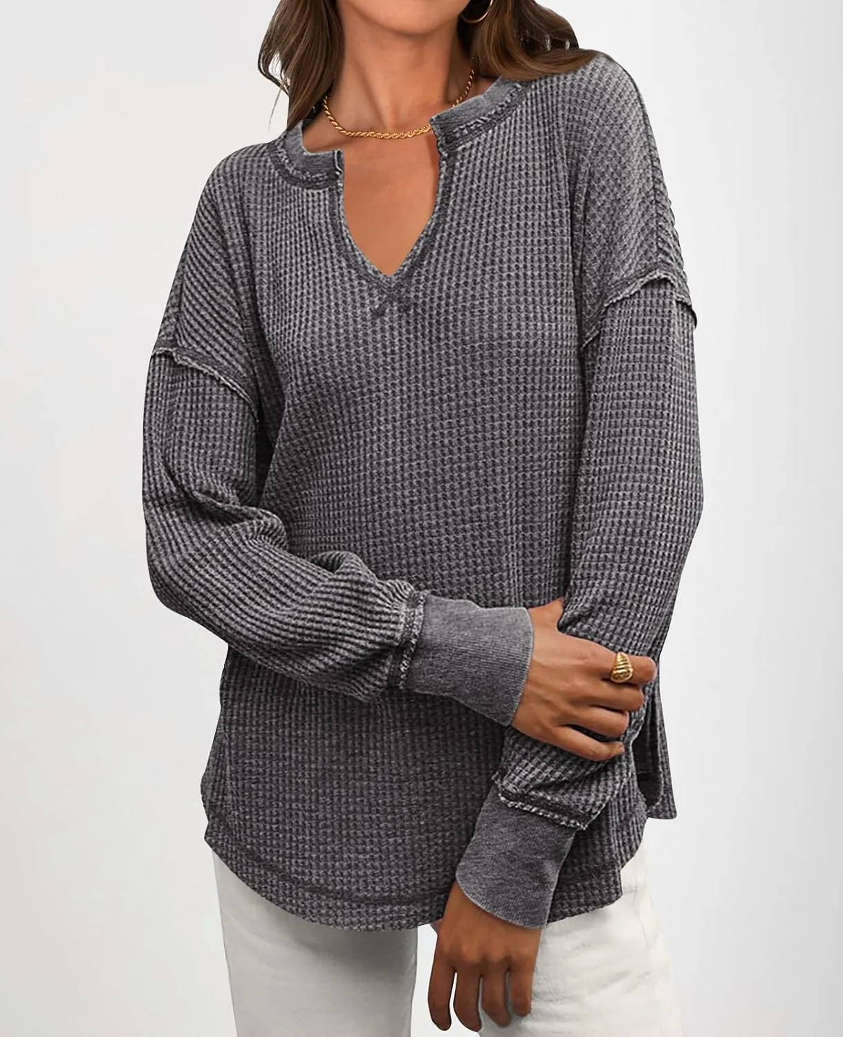 PRETTYGARDEN Womens Waffle Knit Long Sleeve Shirts Drop Shoulder V Neck Casual Pullover Exposed Seam Oversized Spring Tops