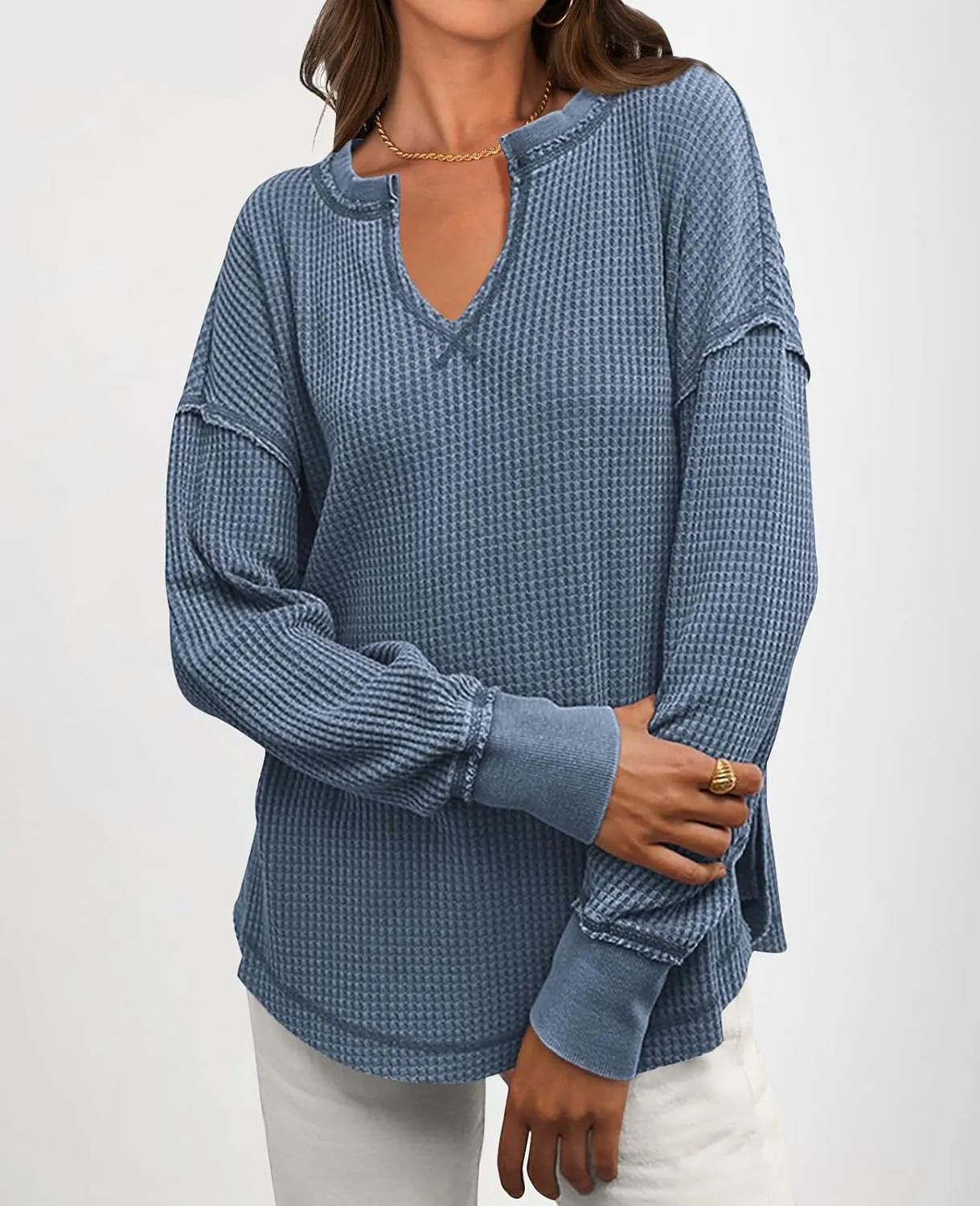 PRETTYGARDEN Womens Waffle Knit Long Sleeve Shirts Drop Shoulder V Neck Casual Pullover Exposed Seam Oversized Spring Tops