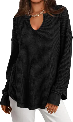 PRETTYGARDEN Womens Waffle Knit Long Sleeve Shirts Drop Shoulder V Neck Casual Pullover Exposed Seam Oversized Spring Tops