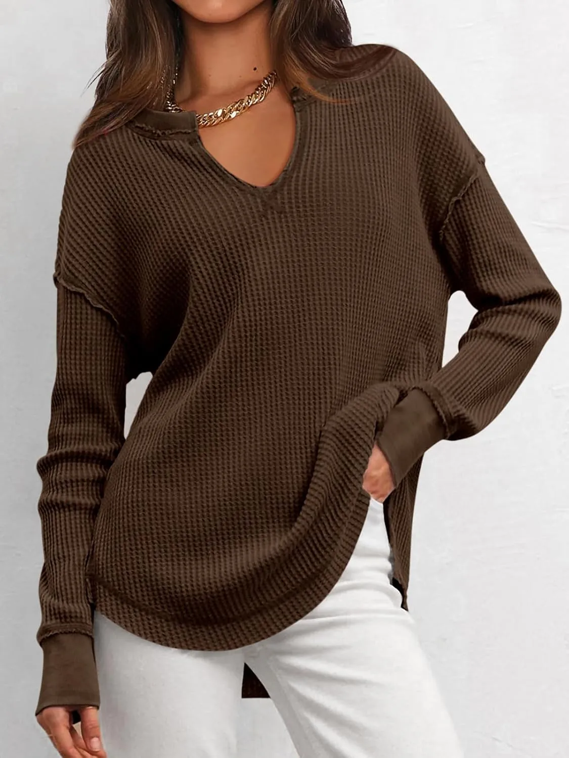 PRETTYGARDEN Womens Waffle Knit Long Sleeve Shirts Drop Shoulder V Neck Casual Pullover Exposed Seam Oversized Spring Tops
