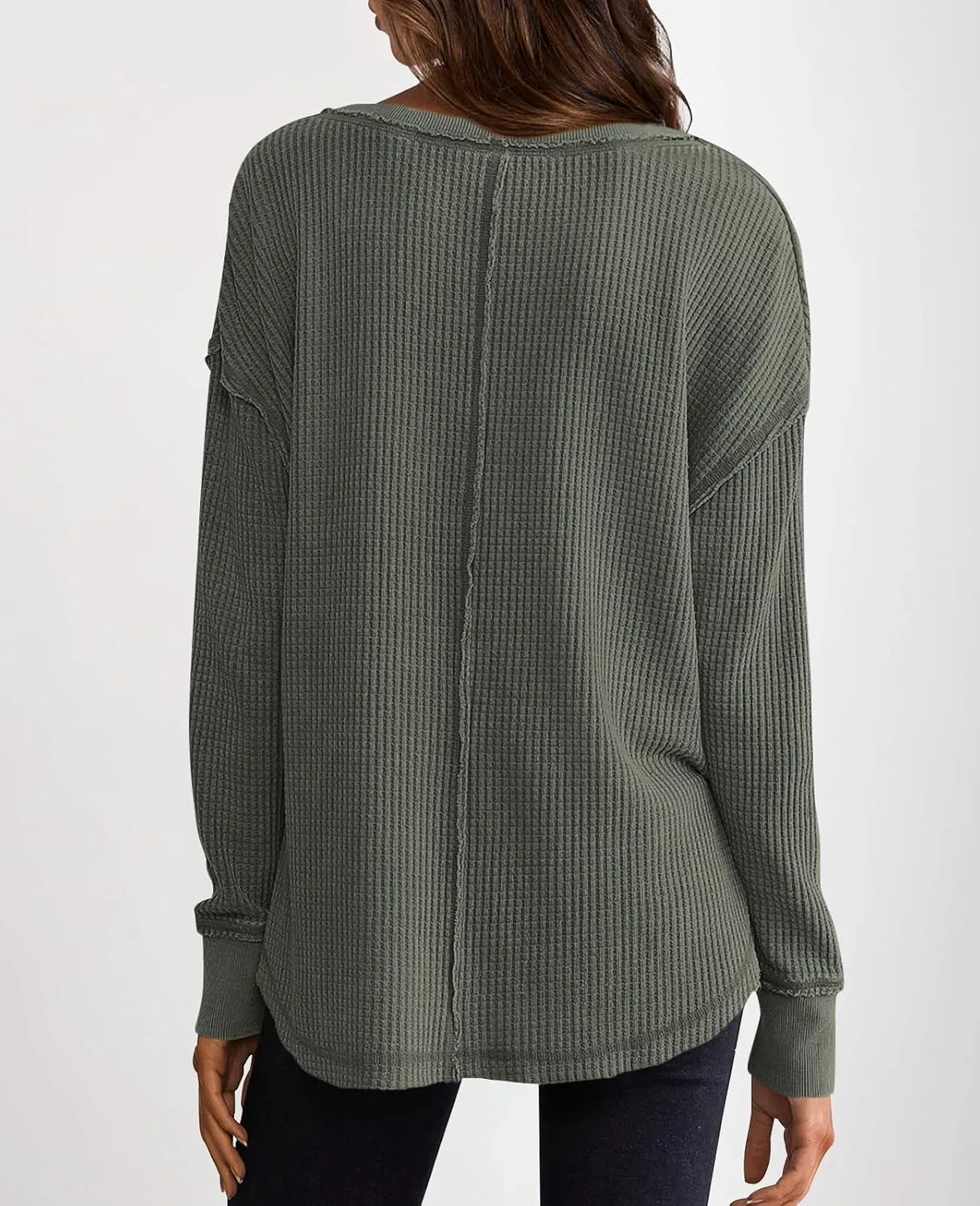 PRETTYGARDEN Womens Waffle Knit Long Sleeve Shirts Drop Shoulder V Neck Casual Pullover Exposed Seam Oversized Spring Tops