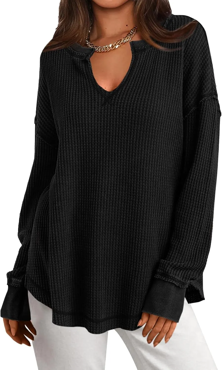 PRETTYGARDEN Womens Waffle Knit Long Sleeve Shirts Drop Shoulder V Neck Casual Pullover Exposed Seam Oversized Spring Tops
