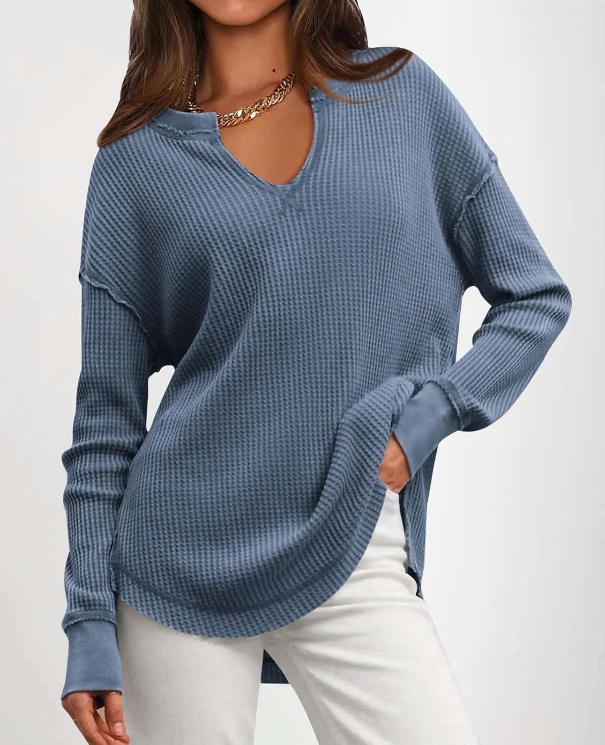 PRETTYGARDEN Womens Waffle Knit Long Sleeve Shirts Drop Shoulder V Neck Casual Pullover Exposed Seam Oversized Spring Tops
