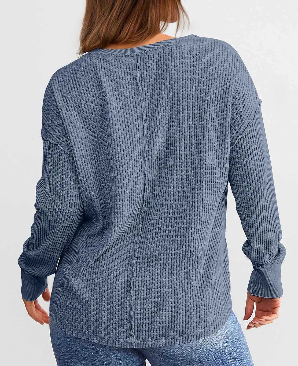 PRETTYGARDEN Womens Waffle Knit Long Sleeve Shirts Drop Shoulder V Neck Casual Pullover Exposed Seam Oversized Spring Tops