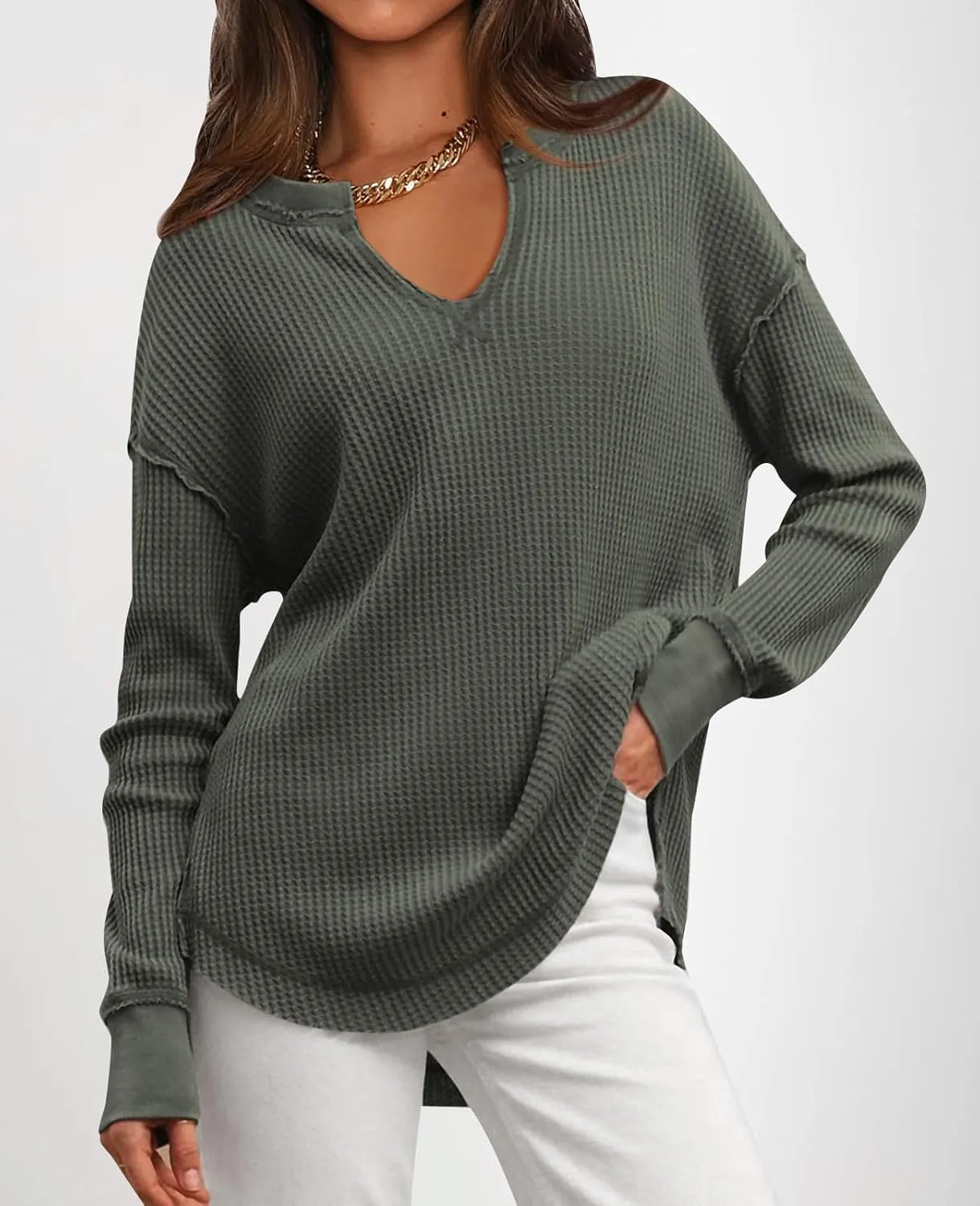 PRETTYGARDEN Womens Waffle Knit Long Sleeve Shirts Drop Shoulder V Neck Casual Pullover Exposed Seam Oversized Spring Tops