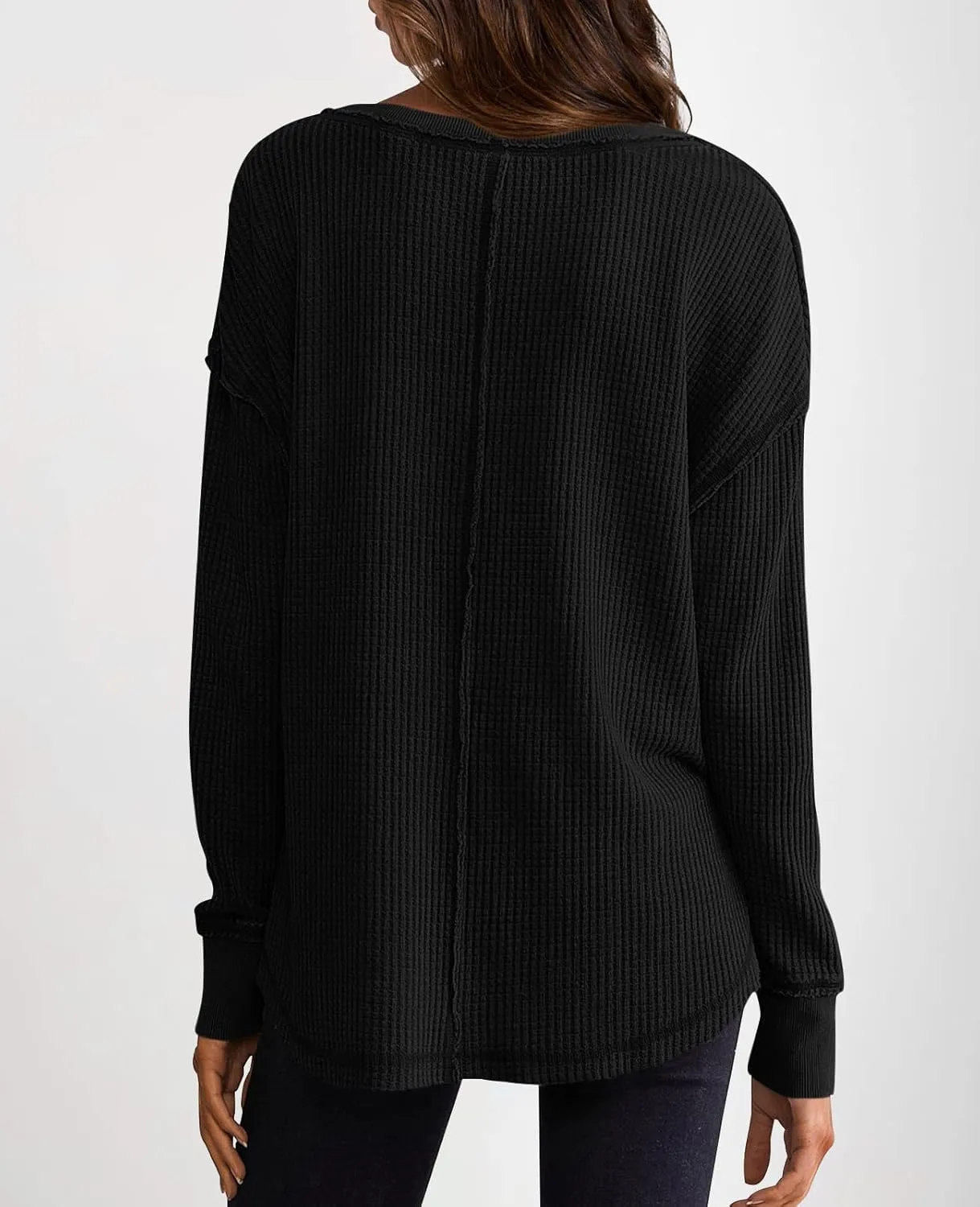 PRETTYGARDEN Womens Waffle Knit Long Sleeve Shirts Drop Shoulder V Neck Casual Pullover Exposed Seam Oversized Spring Tops