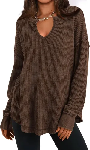 PRETTYGARDEN Womens Waffle Knit Long Sleeve Shirts Drop Shoulder V Neck Casual Pullover Exposed Seam Oversized Spring Tops
