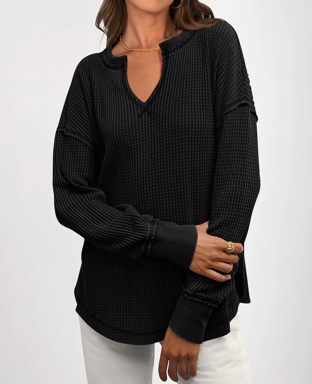 PRETTYGARDEN Womens Waffle Knit Long Sleeve Shirts Drop Shoulder V Neck Casual Pullover Exposed Seam Oversized Spring Tops