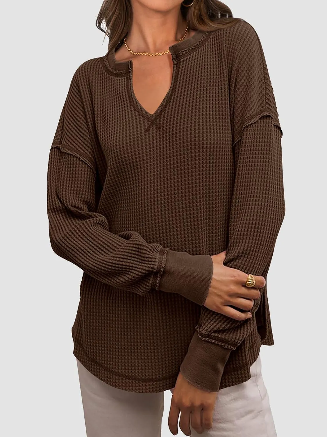 PRETTYGARDEN Womens Waffle Knit Long Sleeve Shirts Drop Shoulder V Neck Casual Pullover Exposed Seam Oversized Spring Tops