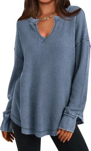 PRETTYGARDEN Womens Waffle Knit Long Sleeve Shirts Drop Shoulder V Neck Casual Pullover Exposed Seam Oversized Spring Tops