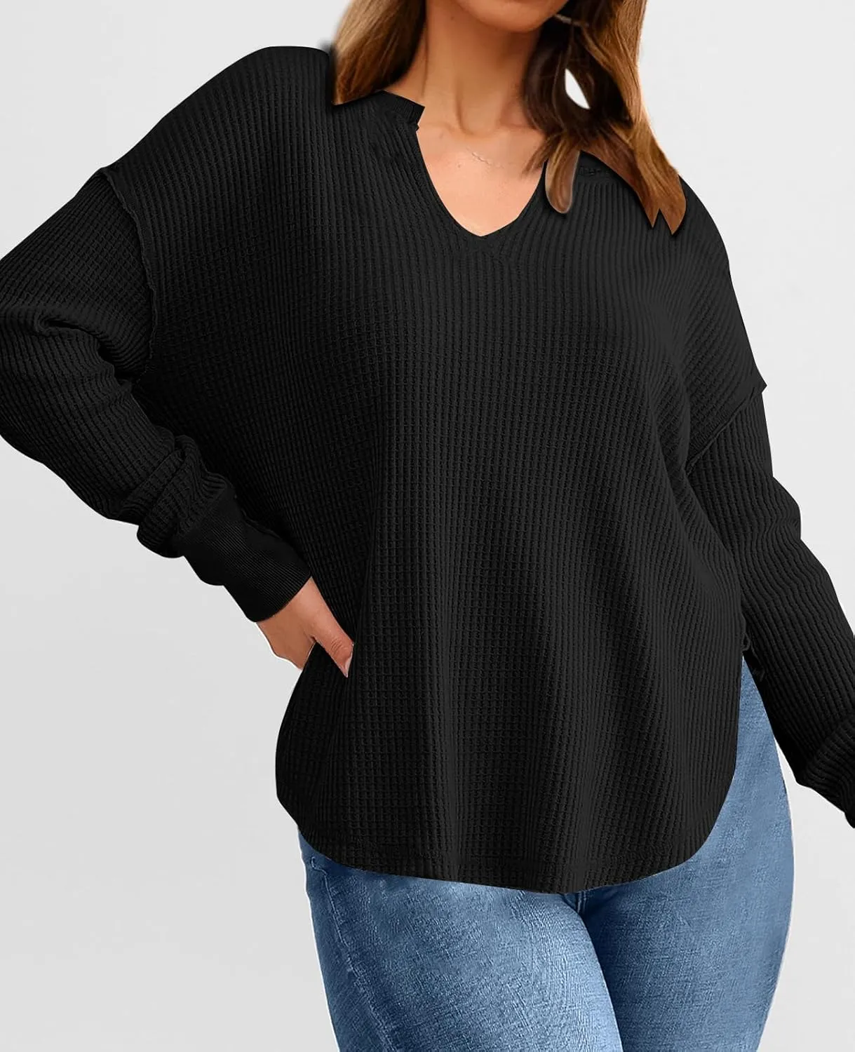 PRETTYGARDEN Womens Waffle Knit Long Sleeve Shirts Drop Shoulder V Neck Casual Pullover Exposed Seam Oversized Spring Tops