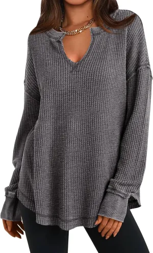 PRETTYGARDEN Womens Waffle Knit Long Sleeve Shirts Drop Shoulder V Neck Casual Pullover Exposed Seam Oversized Spring Tops