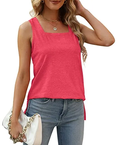 Summer Tops for Women 2023 Trendy Square Neck Sleeveless T-Shirts Red Small