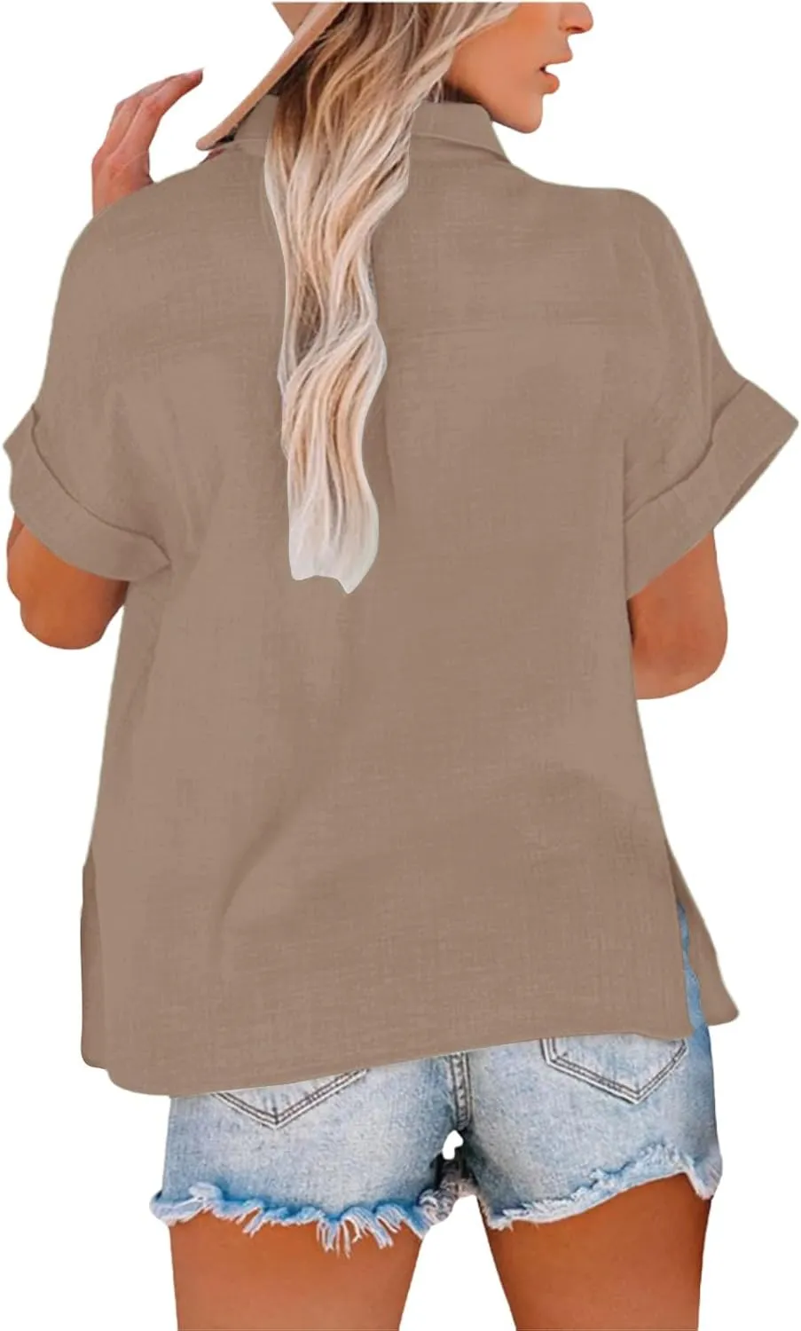 Summer Tops Women 2025 Short Sleeve Cotton Linen Shirts Casual Button V Neck Boho Blouses Plus Size Spring Clothes