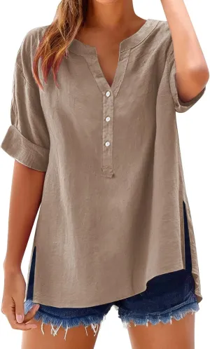 Summer Tops Women 2025 Short Sleeve Cotton Linen Shirts Casual Button V Neck Boho Blouses Plus Size Spring Clothes