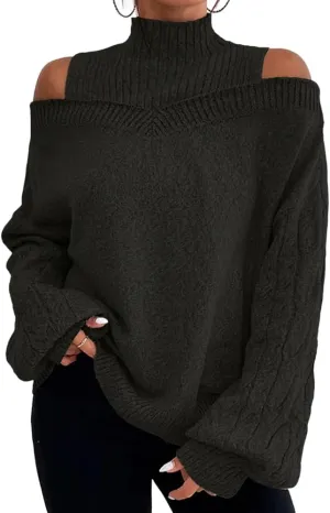 TIAFORD Women's Cold Shoulder High Neck Knitted Sweater Fall Winter Trendy Casual Oversized Pullover Jumper Tops