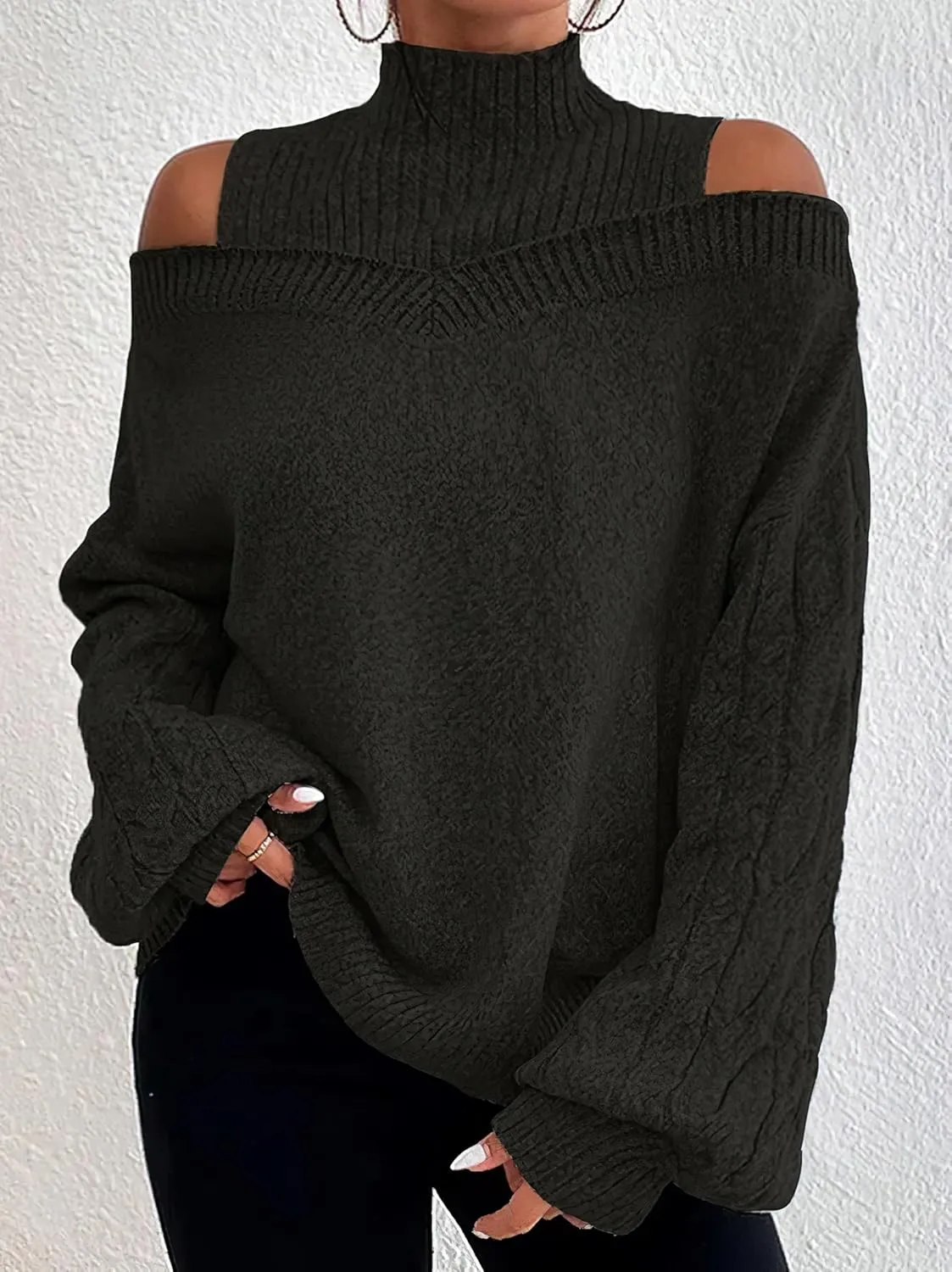 TIAFORD Women's Cold Shoulder High Neck Knitted Sweater Fall Winter Trendy Casual Oversized Pullover Jumper Tops