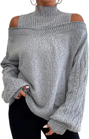TIAFORD Women's Cold Shoulder High Neck Knitted Sweater Fall Winter Trendy Casual Oversized Pullover Jumper Tops