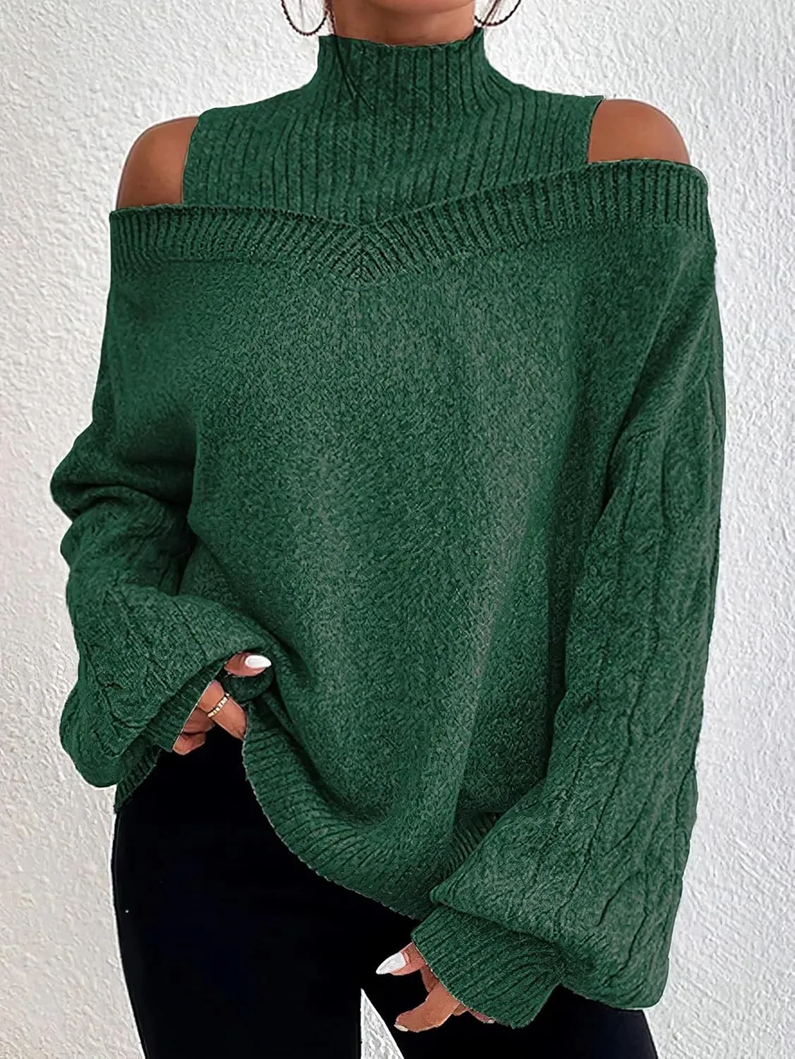TIAFORD Women's Cold Shoulder High Neck Knitted Sweater Fall Winter Trendy Casual Oversized Pullover Jumper Tops