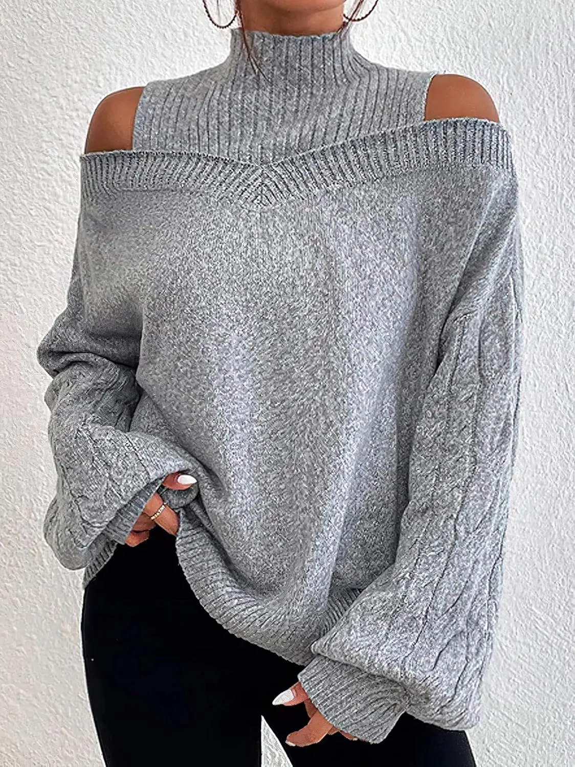 TIAFORD Women's Cold Shoulder High Neck Knitted Sweater Fall Winter Trendy Casual Oversized Pullover Jumper Tops