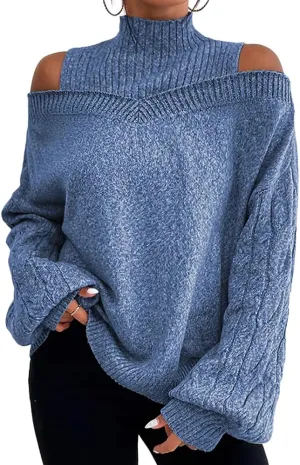 TIAFORD Women's Cold Shoulder High Neck Knitted Sweater Fall Winter Trendy Casual Oversized Pullover Jumper Tops