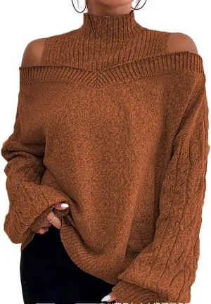 TIAFORD Women's Cold Shoulder High Neck Knitted Sweater Fall Winter Trendy Casual Oversized Pullover Jumper Tops