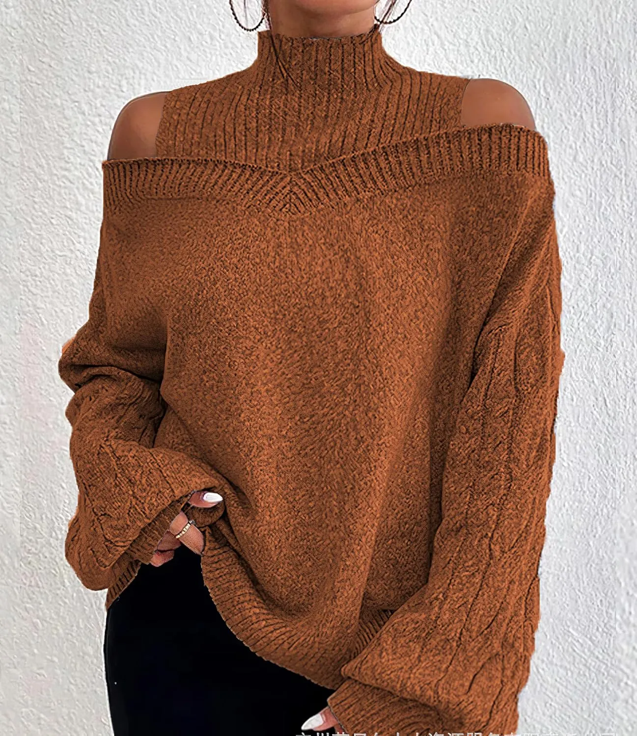 TIAFORD Women's Cold Shoulder High Neck Knitted Sweater Fall Winter Trendy Casual Oversized Pullover Jumper Tops