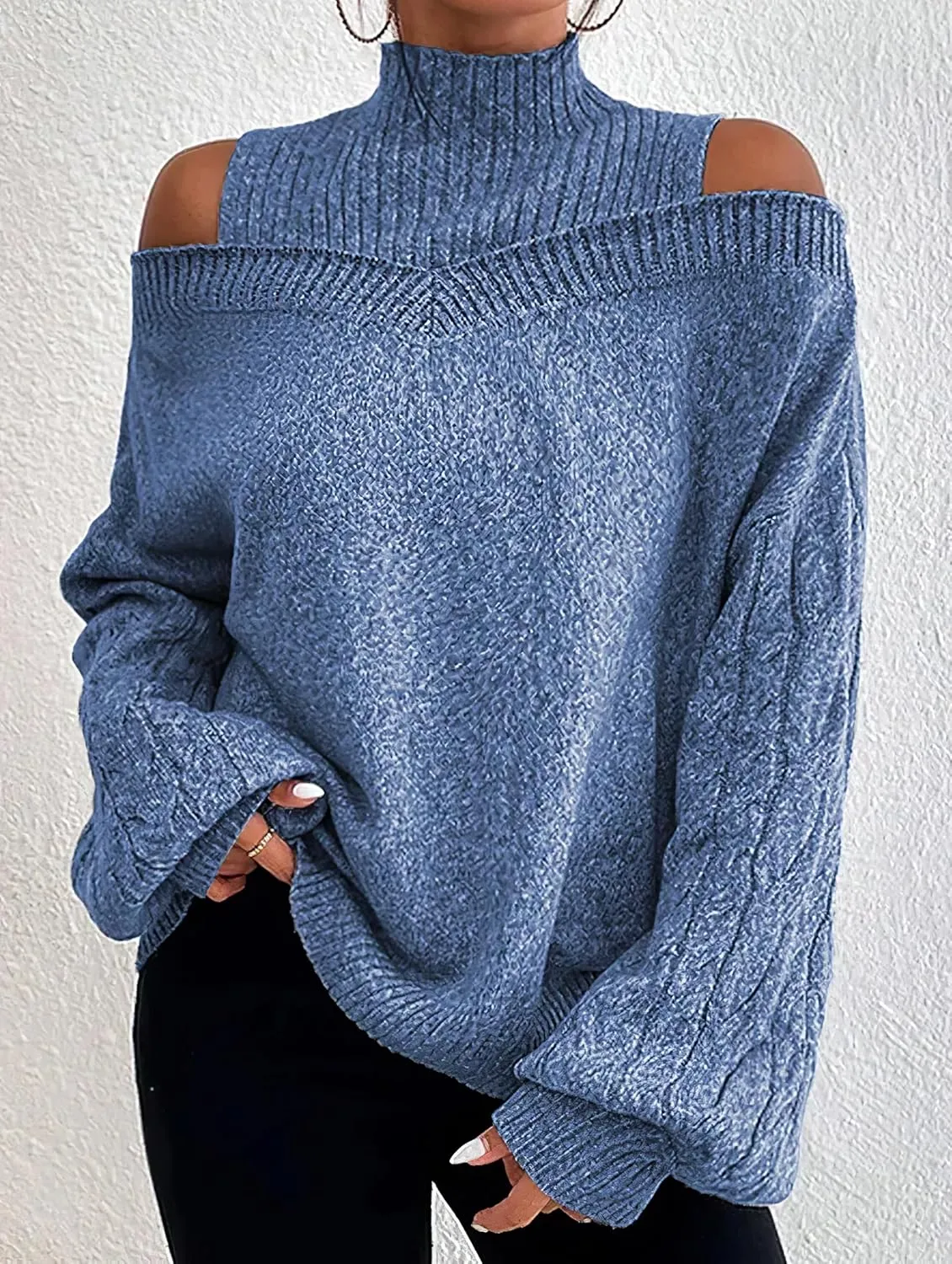 TIAFORD Women's Cold Shoulder High Neck Knitted Sweater Fall Winter Trendy Casual Oversized Pullover Jumper Tops