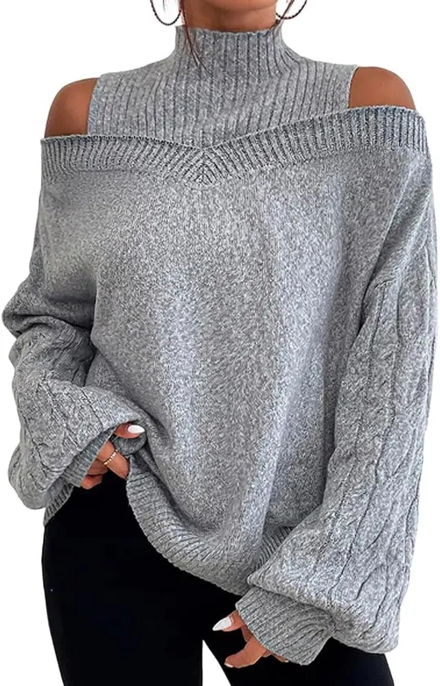 TIAFORD Women's Cold Shoulder High Neck Knitted Sweater Fall Winter Trendy Casual Oversized Pullover Jumper Tops